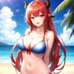 Nilou Genshin Impact 1girl Bare Shoulders Beach Bikini Blush Breasts Cleavage Collarbone Fake Horns Horns Large Breasts Long Hai, 1472350017