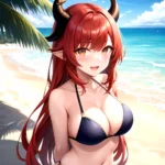 Nilou Genshin Impact 1girl Bare Shoulders Beach Bikini Blush Breasts Cleavage Collarbone Fake Horns Horns Large Breasts Long Hai, 221126121