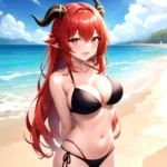 Nilou Genshin Impact 1girl Bare Shoulders Beach Bikini Blush Breasts Cleavage Collarbone Fake Horns Horns Large Breasts Long Hai, 3668529456