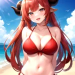 Nilou Genshin Impact 1girl Bare Shoulders Beach Bikini Blush Breasts Cleavage Collarbone Fake Horns Horns Large Breasts Long Hai, 3815386548