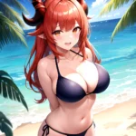 Nilou Genshin Impact 1girl Bare Shoulders Beach Bikini Blush Breasts Cleavage Collarbone Fake Horns Horns Large Breasts Long Hai, 4187239123