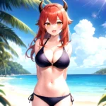 Nilou Genshin Impact 1girl Bare Shoulders Beach Bikini Blush Breasts Cleavage Collarbone Fake Horns Horns Large Breasts Long Hai, 501622921