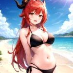 Nilou Genshin Impact 1girl Bare Shoulders Beach Bikini Blush Breasts Cleavage Collarbone Fake Horns Horns Large Breasts Long Hai, 517513836