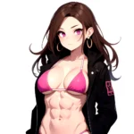 1girl Abs Bikini Breasts Brown Hair Colored Skin Earrings Jacket Jewelry Large Breasts Muscular Muscular Female Nose Piercing No, 385371223