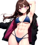 1girl Abs Bikini Breasts Brown Hair Colored Skin Jacket Large Breasts Muscular Muscular Female Pink Eyes Solo Swimsuit White Bac, 1752847469