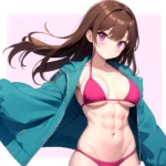 1girl Abs Bikini Breasts Brown Hair Colored Skin Jacket Large Breasts Muscular Muscular Female Pink Eyes Solo Swimsuit White Bac, 2146408265
