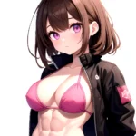 1girl Abs Bikini Breasts Brown Hair Colored Skin Jacket Large Breasts Muscular Muscular Female Pink Eyes Solo Swimsuit White Bac, 3630285805