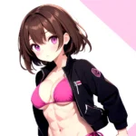 1girl Abs Bikini Breasts Brown Hair Colored Skin Jacket Large Breasts Muscular Muscular Female Pink Eyes Solo Swimsuit White Bac, 608461933