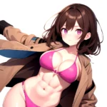 1girl Abs Bikini Breasts Brown Hair Colored Skin Jacket Large Breasts Muscular Muscular Female Pink Eyes Solo Swimsuit White Bac, 978604302