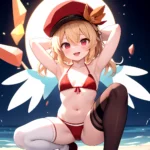 Armpits Bikini Breasts Red Eyes Red Thighhighs Small Breasts Thick Thighs White Bikini Blonde Hair Flandre Scarlet 1girl P Blush, 1351760659