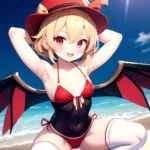 Armpits Bikini Breasts Red Eyes Red Thighhighs Small Breasts Thick Thighs White Bikini Blonde Hair Flandre Scarlet 1girl P Blush, 2061576052