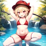 Armpits Bikini Breasts Red Eyes Red Thighhighs Small Breasts Thick Thighs White Bikini Blonde Hair Flandre Scarlet 1girl P Blush, 2426943942