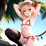 Armpits Bikini Breasts Red Eyes Red Thighhighs Small Breasts Thick Thighs White Bikini Blonde Hair Flandre Scarlet 1girl P Blush, 3295165259
