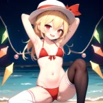 Armpits Bikini Breasts Red Eyes Red Thighhighs Small Breasts Thick Thighs White Bikini Blonde Hair Flandre Scarlet 1girl P Blush, 882674084