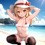 Armpits Bikini Breasts Red Eyes Red Thighhighs Small Breasts Thick Thighs White Bikini Flandre Scarlet 1girl P Blonde Hair Blush, 1398536751
