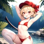 Armpits Bikini Breasts Red Eyes Red Thighhighs Small Breasts Thick Thighs White Bikini Flandre Scarlet 1girl P Blonde Hair Blush, 3638603831