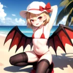Armpits Bikini Breasts Red Eyes Red Thighhighs Small Breasts Thick Thighs White Bikini Flandre Scarlet 1girl P Blonde Hair Blush, 381101517