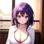 Yumi Senran Kagura 1girl Blue Eyes Breasts Cleavage Large Breasts Looking At Viewer Medium Breasts Paizuri Purple Hair Smile Upp, 1471556334