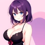 Yumi Senran Kagura 1girl Blue Eyes Breasts Cleavage Large Breasts Looking At Viewer Medium Breasts Paizuri Purple Hair Smile Upp, 194182555