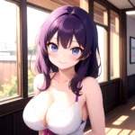 Yumi Senran Kagura 1girl Blue Eyes Breasts Cleavage Large Breasts Looking At Viewer Medium Breasts Paizuri Purple Hair Smile Upp, 2561966115
