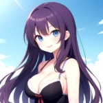 Yumi Senran Kagura 1girl Blue Eyes Breasts Cleavage Large Breasts Looking At Viewer Medium Breasts Paizuri Purple Hair Smile Upp, 3302210670