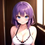 Yumi Senran Kagura 1girl Blue Eyes Breasts Cleavage Large Breasts Looking At Viewer Medium Breasts Paizuri Purple Hair Smile Upp, 3984309888