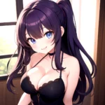 Yumi Senran Kagura 1girl Blue Eyes Breasts Cleavage Large Breasts Looking At Viewer Medium Breasts Paizuri Purple Hair Smile Upp, 4201864863