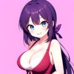 Yumi Senran Kagura 1girl Blue Eyes Breasts Cleavage Large Breasts Looking At Viewer Medium Breasts Paizuri Purple Hair Smile Upp, 907620646