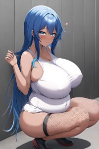 anime,pregnant,huge boobs,70s age,happy face,blue hair,messy hair style,dark skin,warm anime,prison,side view,squatting,fishnet