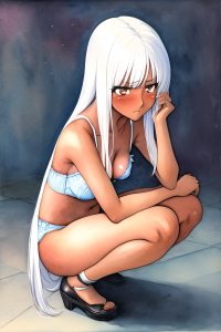anime,skinny,small tits,70s age,sad face,white hair,straight hair style,dark skin,watercolor,casino,side view,squatting,lingerie