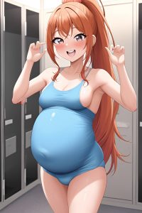anime,pregnant,small tits,70s age,laughing face,ginger,ponytail hair style,light skin,skin detail (beta),locker room,front view,t-pose,latex