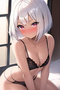 anime,busty,small tits,30s age,pouting lips face,white hair,bobcut hair style,dark skin,soft anime,grocery,side view,straddling,bra