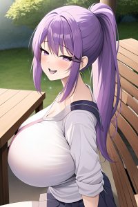 anime,skinny,huge boobs,60s age,laughing face,purple hair,ponytail hair style,light skin,charcoal,lake,side view,sleeping,schoolgirl