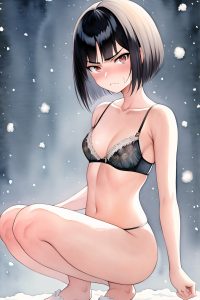 anime,skinny,small tits,30s age,angry face,black hair,bobcut hair style,light skin,watercolor,snow,front view,squatting,bra