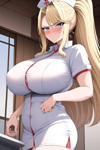 anime,busty,huge boobs,60s age,angry face,blonde,slicked hair style,light skin,comic,yacht,close-up view,bathing,nurse