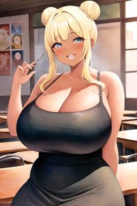 anime,chubby,huge boobs,50s age,laughing face,blonde,hair bun hair style,dark skin,watercolor,restaurant,close-up view,jumping,teacher