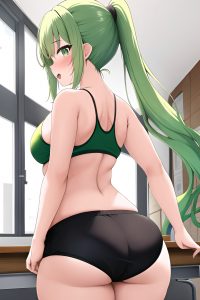 anime,chubby,small tits,18 age,ahegao face,green hair,ponytail hair style,light skin,black and white,gym,back view,working out,teacher