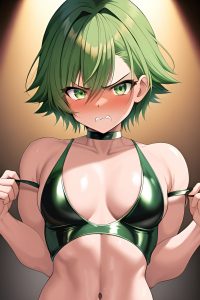 anime,muscular,small tits,40s age,angry face,green hair,pixie hair style,dark skin,warm anime,stage,close-up view,on back,latex