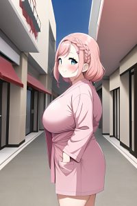 anime,chubby,small tits,50s age,happy face,pink hair,braided hair style,light skin,dark fantasy,mall,side view,t-pose,bathrobe