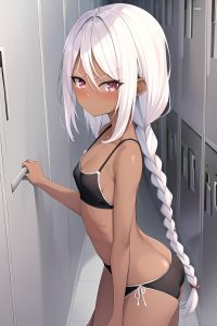 anime,skinny,small tits,80s age,serious face,white hair,braided hair style,dark skin,illustration,locker room,side view,bathing,goth