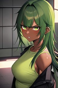 anime,muscular,small tits,80s age,angry face,green hair,slicked hair style,dark skin,cyberpunk,prison,close-up view,gaming,nurse