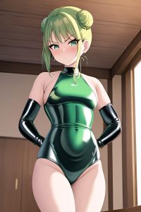 anime,busty,small tits,60s age,serious face,green hair,hair bun hair style,light skin,vintage,oasis,front view,working out,latex