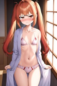 anime,skinny,small tits,18 age,angry face,ginger,pigtails hair style,light skin,painting,wedding,front view,sleeping,bathrobe