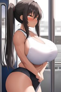 anime,muscular,huge boobs,18 age,orgasm face,brunette,pigtails hair style,dark skin,black and white,train,side view,yoga,schoolgirl