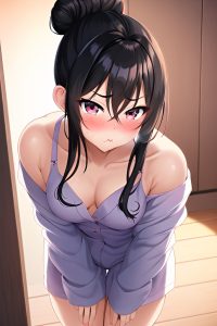 anime,muscular,small tits,40s age,pouting lips face,black hair,hair bun hair style,dark skin,warm anime,snow,close-up view,bending over,pajamas