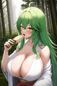 anime,muscular,huge boobs,70s age,ahegao face,green hair,messy hair style,light skin,cyberpunk,forest,back view,eating,bathrobe