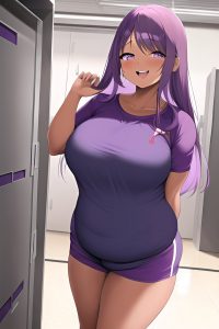 anime,chubby,small tits,60s age,laughing face,purple hair,straight hair style,dark skin,soft + warm,locker room,close-up view,working out,geisha