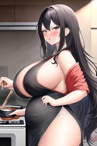 anime,chubby,huge boobs,80s age,angry face,black hair,messy hair style,light skin,watercolor,mall,side view,cooking,geisha