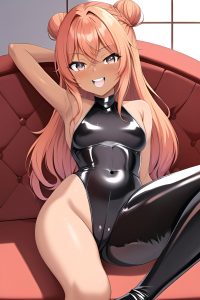 anime,skinny,small tits,18 age,laughing face,ginger,hair bun hair style,dark skin,illustration,couch,front view,spreading legs,latex