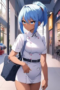 anime,muscular,small tits,60s age,shocked face,blue hair,pixie hair style,dark skin,illustration,mall,side view,cumshot,nurse